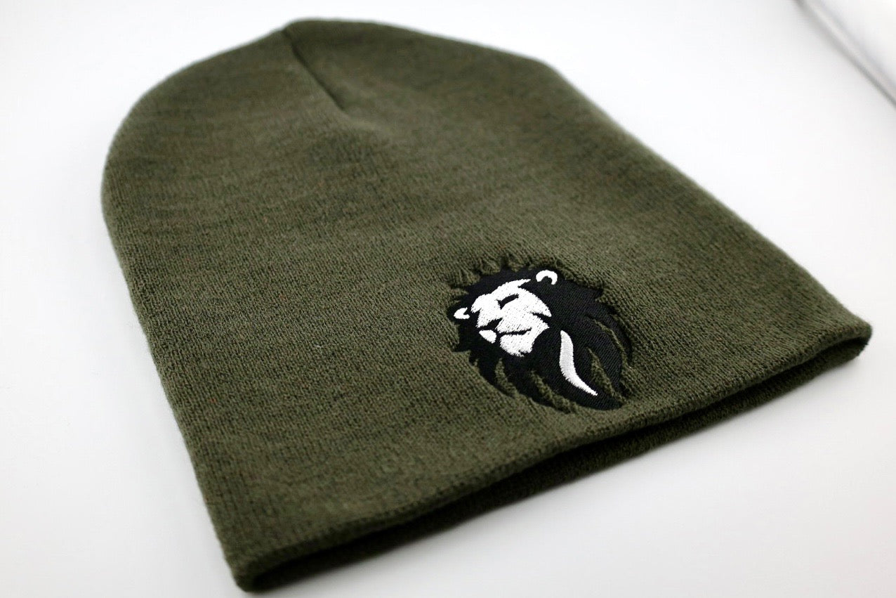 Olive Green Beanie with Majestic Lion Embroidery