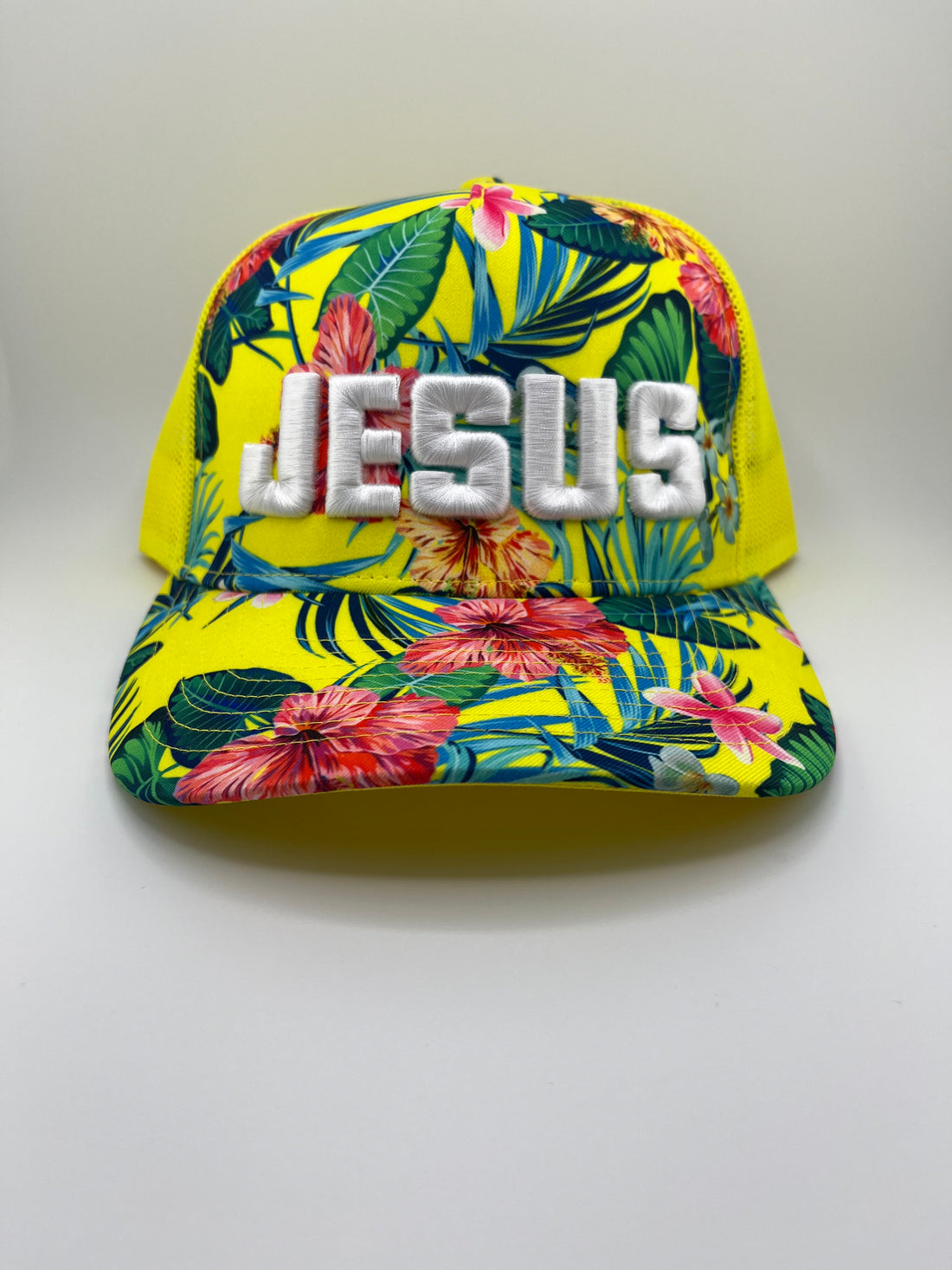Tropical Floral Trucker Hat with White "JESUS" Embroidery