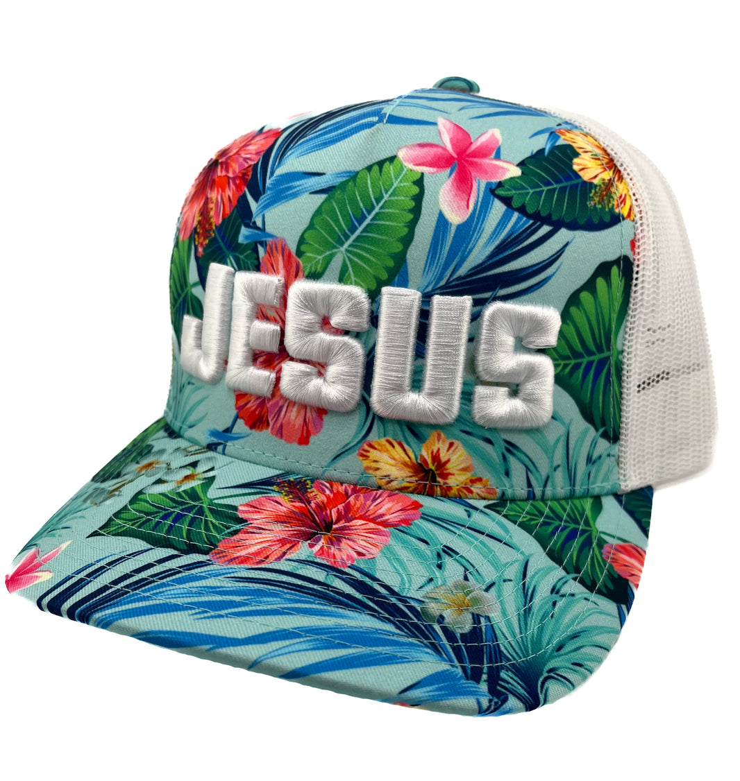 Tropical Floral Trucker Hat with White "JESUS" Embroidery