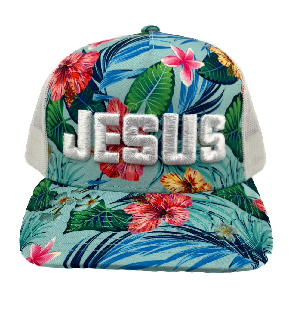 Tropical Floral Trucker Hat with White "JESUS" Embroidery